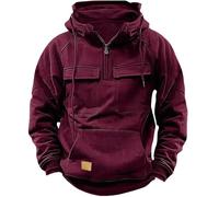 YGMNQAL Men's Half-zip Hooded Sweatshirt, Solid-color Warm Fleece Workwear Style, Multi-pocket Jacket(Wine red,XXXL)