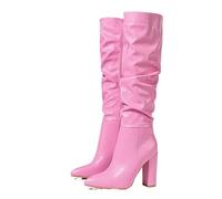 YGMNQAL Winter Street Fashion Pleated Leather Knee High Boots Women Sexy Long Zip Pointed Toe Square Heels Stripper Shoes(Pink,40)
