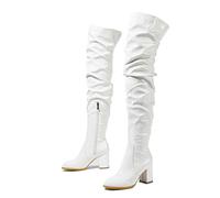 YGMNQAL Winter Thigh High Boots Fashion Patent Leather Round Toe Zip Female Square Heels Pleated Design Women's Shoes(White,37)