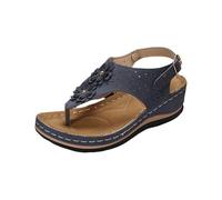 YGNAOTAN Sandales compensées pour femme pour le printemps et avec clips floraux, talon compensé, plage, couleur unie, grande taille, sandales confortables pour femme, bleu, 43 EU 3X-Étroit