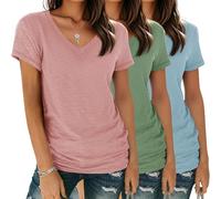YGOODM Lot de 3 t-Shirts d'été à Manches Courtes et col en V pour Femme - Basiques et décontractés, Gris, Blanc et Noir, S