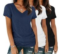 YGOODM Lot de 3 t-Shirts d'été à Manches Courtes et col en V pour Femme - Basiques et décontractés, Gris, Blanc et Noir, L