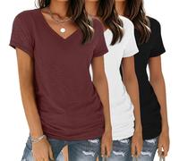 YGOODM Lot de 3 t-Shirts d'été à Manches Courtes et col en V pour Femme - Basiques et décontractés, Gris, Blanc et Noir, L