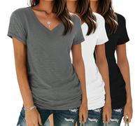 YGOODM Lot de 3 t-Shirts d'été à Manches Courtes et col en V pour Femme - Basiques et décontractés, Gris, Blanc et Noir, L