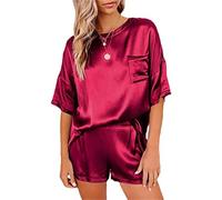 YGSGJSP Pyjama en Satin PJ Sets for Women Solid Colour Chiffon Student Homewear Two-Piece Sets Solid Colour Short Sleeves Shorts Fancy Underwear Women(Red,L)
