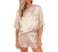 YGSGJSP Pyjama en Satin PJ Sets for Women Solid Colour Chiffon Student Homewear Two-Piece Sets Solid Colour Short Sleeves Shorts Fancy Underwear Women(Champagne,L)