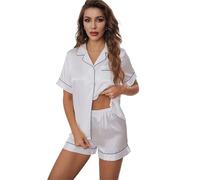 YGSGJSP Pyjama en Satin Summer Silk Satin Pajamas Set Women Sleepwear Button-Down Short Sleeve Tops and Shorts Two-Piece Pijama Sets Loungewear(White,S)