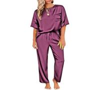 YGSGJSP Pyjama en Satin Two Piece Set of Women's Solid Color Satin Pajamas and Home Clothes, Short Sleeved Pants, Loose and Casual Outdoor Home Clothes(Purple,XL)