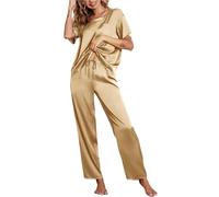 YGSGJSP Pyjama en Satin Two Piece Set of Women's Solid Color Satin Pajamas and Home Clothes, Short Sleeved Pants, Loose and Casual Outdoor Home Clothes(Khaki,XL)