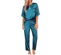 YGSGJSP Pyjama en Satin Two Piece Set of Women's Solid Color Satin Pajamas and Home Clothes, Short Sleeved Pants, Loose and Casual Outdoor Home Clothes(Blue Green,S)