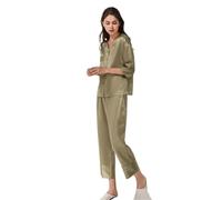 YGSGJSP Pyjama en Satin Women Silk Satin Pajamas Set Bell Sleeve Summer Home Suit Female Real Silk Two Pieces Long Sleeve Pant Nightwear Loungewear(Green,XX-Large)