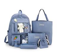 YGYCF Kawaii Sac à dos 5 pièces pour étudiante avec accessoires ours mignons - Sacs d'école pour adolescentes, filles, fournitures de rentrée scolaire, cartable esthétique, bleu