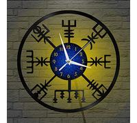 YH Horloge Murale en Vinyle avec Symboles de l'âge Viking, Horloge Murale en Vinyle silencieuse et sans tic-tac (12inBAvec lumière LED)