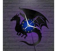 YH Horloge Murale en Vinyle Dragon maléfique, Horloge Murale en Vinyle silencieuse et sans tic-tac(B、avec lumière LED)