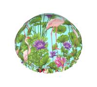 YHBLYKXP Bonnet de douche réglable double couche avec imprimé flamants roses et fleurs d'amour - Bonnet de douche réutilisable pour femme