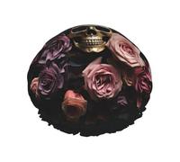 YHBLYKXP Tête de mort squelette avec imprimé floral réglable double couche bonnet de douche réutilisable pour femme spa salon de douche