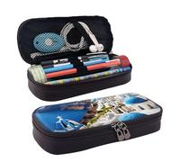 YHBLYKXP Trousse à crayons à rabat en cuir imprimé île grecque, organiseur de toilette, porte-monnaie zippé, noir, Noir , Taille unique