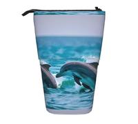 YHBLYKXP Trousse à crayons rétractable verticale avec imprimé dauphins dans la mer, sac de rangement, convient pour le bureau et le transport quotidien