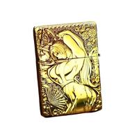 YHBNJIGW Briquet à pétrole Vintage en Laiton gaufré, meule à l'ancienne, Rechargeable, Coupe-Vent, Flamme Douce, Fait Main, gaufré sur Cinq côtés, Cadeau for Homme(Brass)