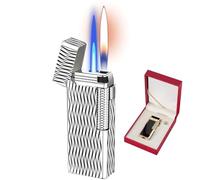YHBNJIGW Briquet Butane rétro de Luxe léger à Double Flamme, Briquet Portable à Bascule en métal, allumage par glissière latérale, Rechargeable, Cadeau for Homme, Cadeau d'affaires(Silver)