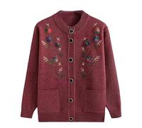 YHDMDQ Cardigan Tricoté à Col Ras du Cou pour Femme D'Âge Moyen Et Âgée, Haut Décontracté pour Grand-Mère, Cardigan Brodé, Vêtement pour Mère, Pull Chaud, Manteau, Veste, Printemps, Autom