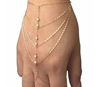 Yheakne Boho Bague Bracelet Or Strass Chaîne Esclave Bracelet Vintage Couches Gland Bague Personnalisée Bijoux Chaîne à Main pour Femmes et Filles Cadeaux (Style 1)