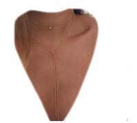 Yheakne Collier ras du cou à double couche - Long collier à pompons - Doré - Chaîne fine - Collier en Y - Colliers longs pour femmes et filles
