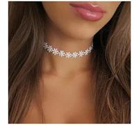 Yheakne Collier Ras Du Cou En Dentelle De Fleurs Boho - Marguerite Rétro Des Années 90 - Bijoux De Chaîne Pour Femmes Et Filles (Blanc)