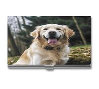 YHEGBFD Étui fin en métal pour cartes de visite et cartes de visite avec imprimé golden retriever amusant pour homme et femme, argenté, Taille unique, Moderne