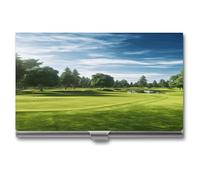YHEGBFD Étui fin en métal pour cartes de visite et cartes de visite avec imprimé terrain de golf pour homme et femme, argenté, Taille unique, Moderne