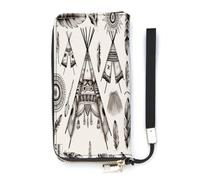 YHEGBFD Portefeuille en cuir, bandeau à plumes avec tipi imprimé tente, portefeuille pour femme, portefeuille de voyage, sac à main long, sac à main en cuir, fermeture éclair autour du portefeuille,