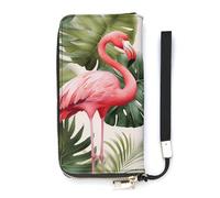 YHEGBFD Portefeuille en cuir, portefeuille pour femme, motif flamants roses, feuilles de palmiers, portefeuille de voyage, sac à main long, sac à main en cuir, fermeture éclair autour du portefeuille,