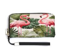 YHEGBFD Portefeuille en cuir, portefeuille pour femme, motif flamants roses, feuilles de palmiers, portefeuille de voyage, sac à main long, sac à main en cuir, fermeture éclair autour du portefeuille,