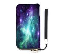YHEGBFD Portefeuille en cuir pour femme, imprimé galaxie, vert, bleu, violet, portefeuille, portefeuille, de voyage, sac à main long, sac à main en cuir, fermeture éclair autour du portefeuille,