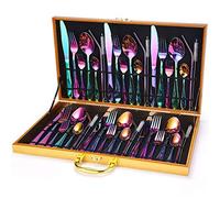 YHEIANJ Ensemble de Couverts de 6 pièces, en Acier Inoxydable Poli Fin, avec Coffret en Bois, Comprenant Couteaux, fourchettes, cuillères et Paille,Colorful 42pcs