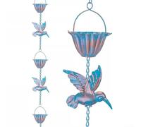Yhenlovtt Chaîne de pluie en métal bleu avec 7 tasses et 7 oiseaux avec revêtement antique, pour jardin, porche, colibri, 4 m