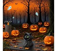 Yhenlovtt Enchanting Figurine Chat Noir à Capuche avec Yeux Emeraude Statue Gothique Résine pour Halloween et Décoration toute l'année 8cm