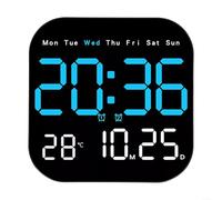 Yhenlovtt Horloge murale numérique avec télécommande, affichage LED, température, date, semaine, 10 niveaux de luminosité réglables, grands chiffres, fonction mémoire USB (bleu)