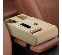 Yhenlovtt Organiseur d'accoudoir de voiture en cuir avec double porte-gobelet, fente de rangement pour téléphone et distributeur de boîte à mouchoirs pour véhicule (noir, beige)