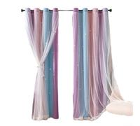 Yhenlovtt Rideaux occultants dégradé arc-en-ciel avec double couche de dentelle et motif étoiles, rideaux en polyester doux avec passe-tringle pour chambre de fille ou fenêtre de chambre d'enfant (E)