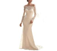 yhfshop Bal Mariage Cérémonie Robe de Soirée,Robe de mariée sirène en Dentelle à Manches Longues-Beige_46,Grande Taille Robe de Soirée Femme