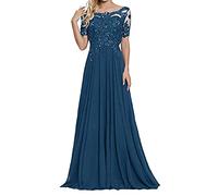 yhfshop Demoiselle d'honneur Robe de Soirée,Robe de soirée en Dentelle à Manches Courtes et épaules dénudées-Tinte-Blaue Farbe_44,Robe de Soirée Longue Sexy Chic