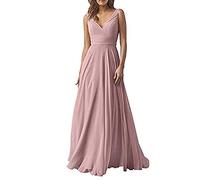 yhfshop Dentelle Robe de Soirée Longue Femme,Robe en Mousseline à Double épaule et col en V, Robe de soirée trapèze-Gray Pink_40,Élégante Cocktail Soirée Robe
