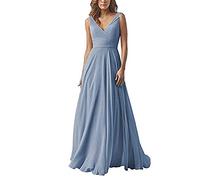 yhfshop Dentelle Robe de Soirée Longue Femme,Robe en Mousseline à Double épaule et col en V, Robe de soirée trapèze-Gray Blue_50,Robes de Soirée Femme Grande Taille
