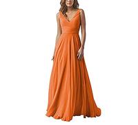 yhfshop Dentelle Robe de Soirée Longue Femme,Robe en Mousseline à Double épaule et col en V, Robe de soirée trapèze-Orange B_48,Élégante Cocktail Soirée Robe