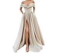 yhfshop Dentelle Robe de Soirée Longue Femme,Robes de Bal en Satin avec Fente sur Les Jambes et Longueur au Sol,Light Champagne,US16,Élégante Cocktail Soirée Robe