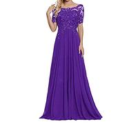 yhfshop Dentelle Robe de Soirée Longue,Robe de soirée en Dentelle à Manches Courtes et épaules dénudées-Lila A_44,Elégante Robe de Soirée Cérémonie