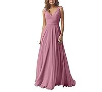 yhfshop Dentelle Robe de Soirée Longue,Robe en Mousseline à Double épaule et col en V, Robe de soirée trapèze-Nude Pink B_42,Elégante Robe de Soirée Cérémonie