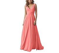 yhfshop Dentelle Robe de Soirée Longue,Robe en Mousseline à Double épaule et col en V, Robe de soirée trapèze-Watermelon Red_32,Elégante Robe de Soirée Cérémonie