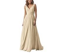 yhfshop Robe de Cocktail Femme Longue,Robe en Mousseline à Double épaule et col en V, Robe de soirée trapèze-Champagne_38,Longue Robe de Soirée de Mariage